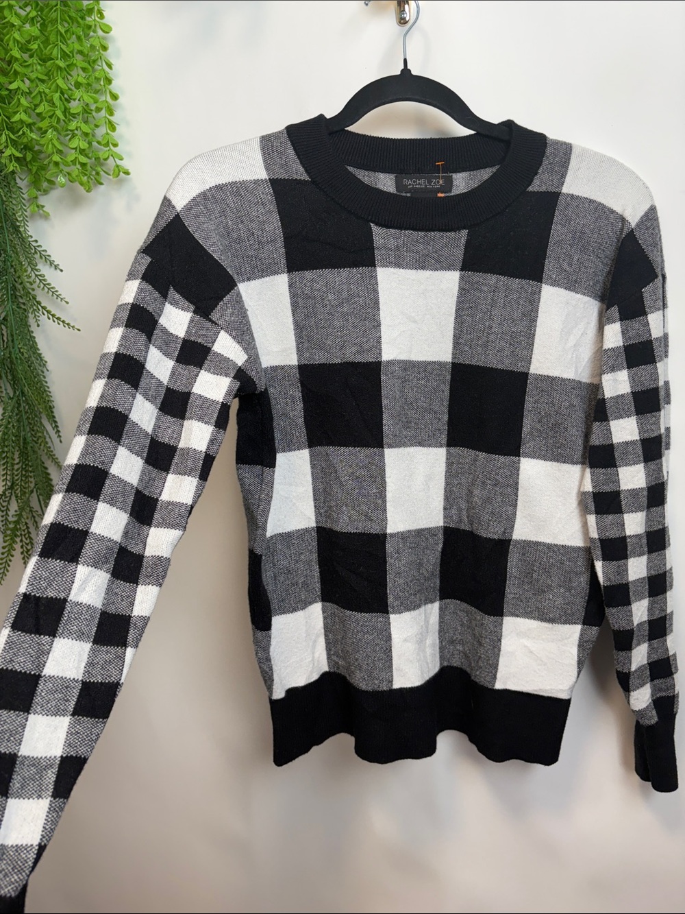 Rachel Zoe Black and White Buffalo-Check Crewneck Sweater